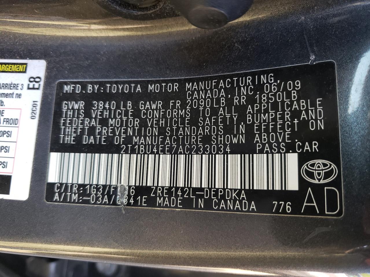 Photo 10 from auction – 2010 TOYOTA COROLLA BA with VIN 2T1BU4EE7AC233034