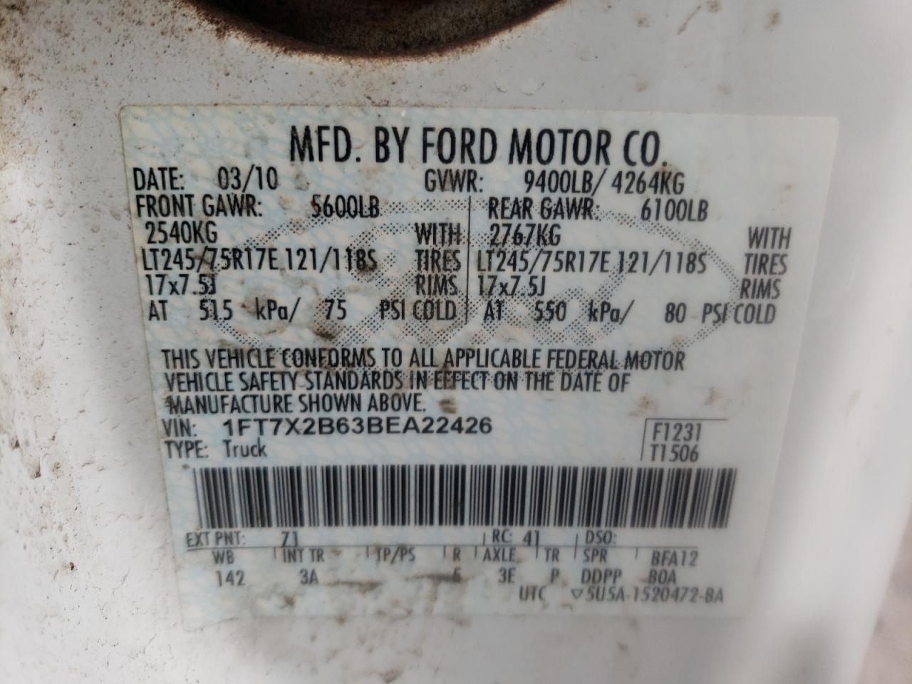 Photo 10 from auction – 2011 FORD F250 SUPER with VIN 1FT7X2B63BEA22426