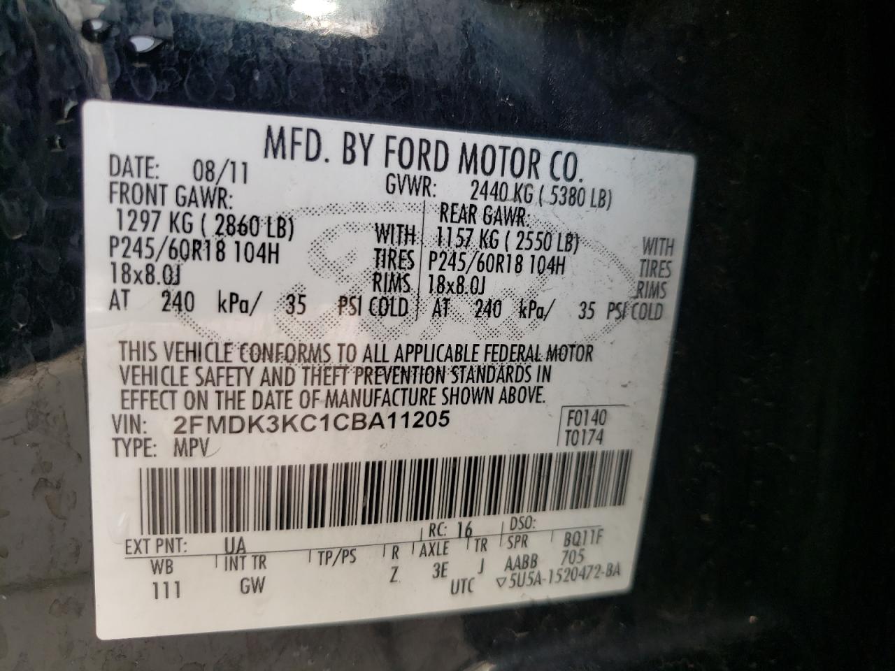 Photo 10 from auction – 2012 FORD EDGE LIMIT with VIN 2FMDK3KC1CBA11205