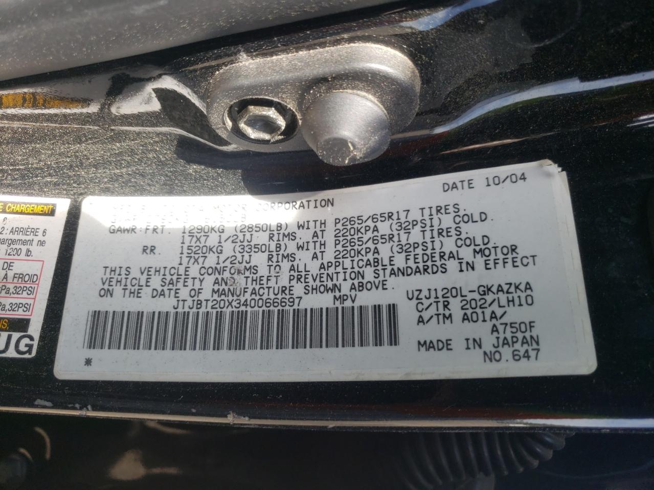 Photo 10 from auction – 2004 LEXUS GX 470 with VIN JTJBT20X340066697