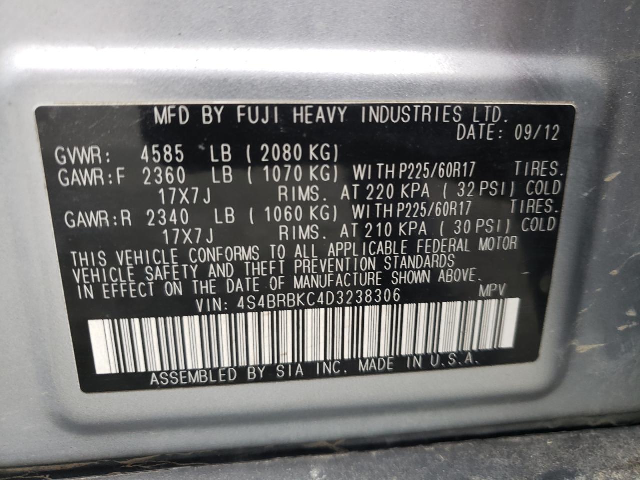 Photo 10 from auction – 2013 SUBARU OUTBACK 2. with VIN 4S4BRBKC4D3238306