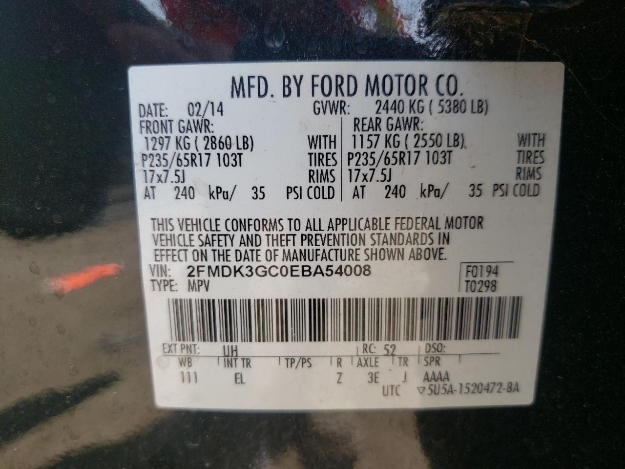 Photo 10 from auction – 2014 FORD EDGE SE with VIN 2FMDK3GC0EBA54008