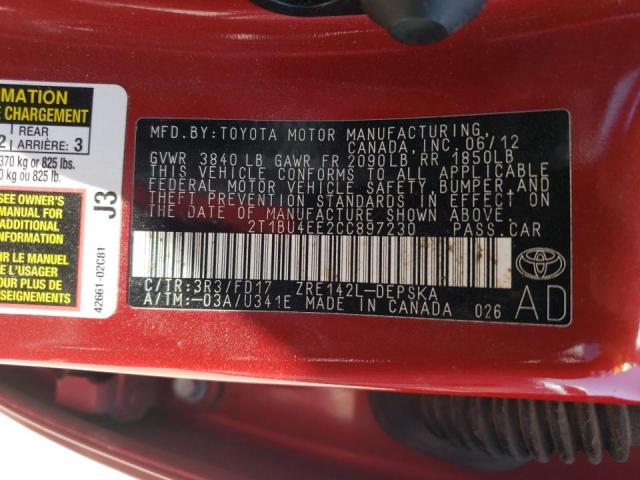 Photo 10 from auction – 2012 TOYOTA COROLLA BA with VIN 2T1BU4EE2CC897230