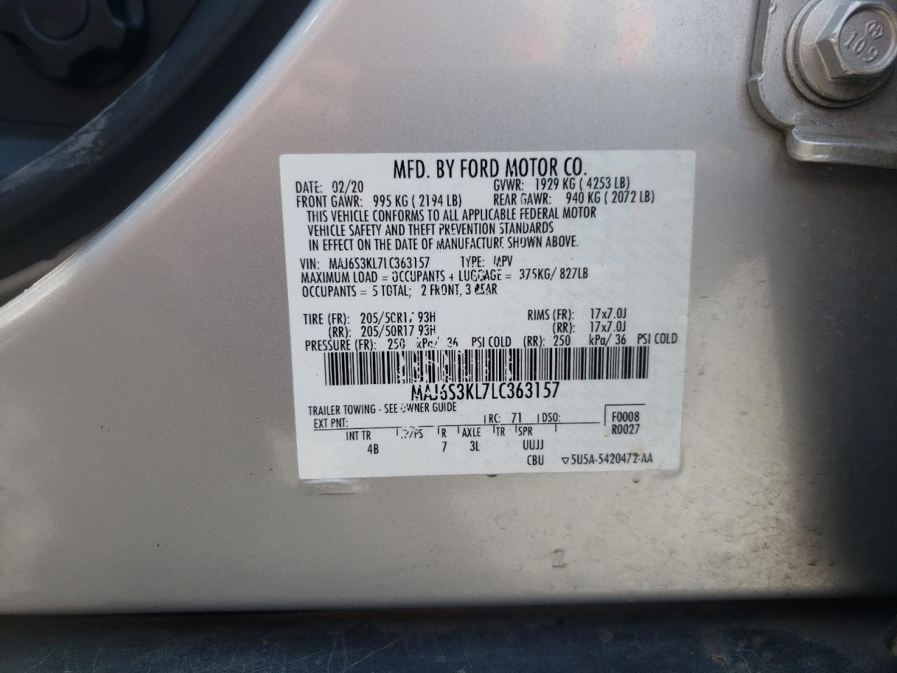 Photo 10 from auction – 2020 FORD ECOSPORT T with VIN MAJ6S3KL7LC363157
