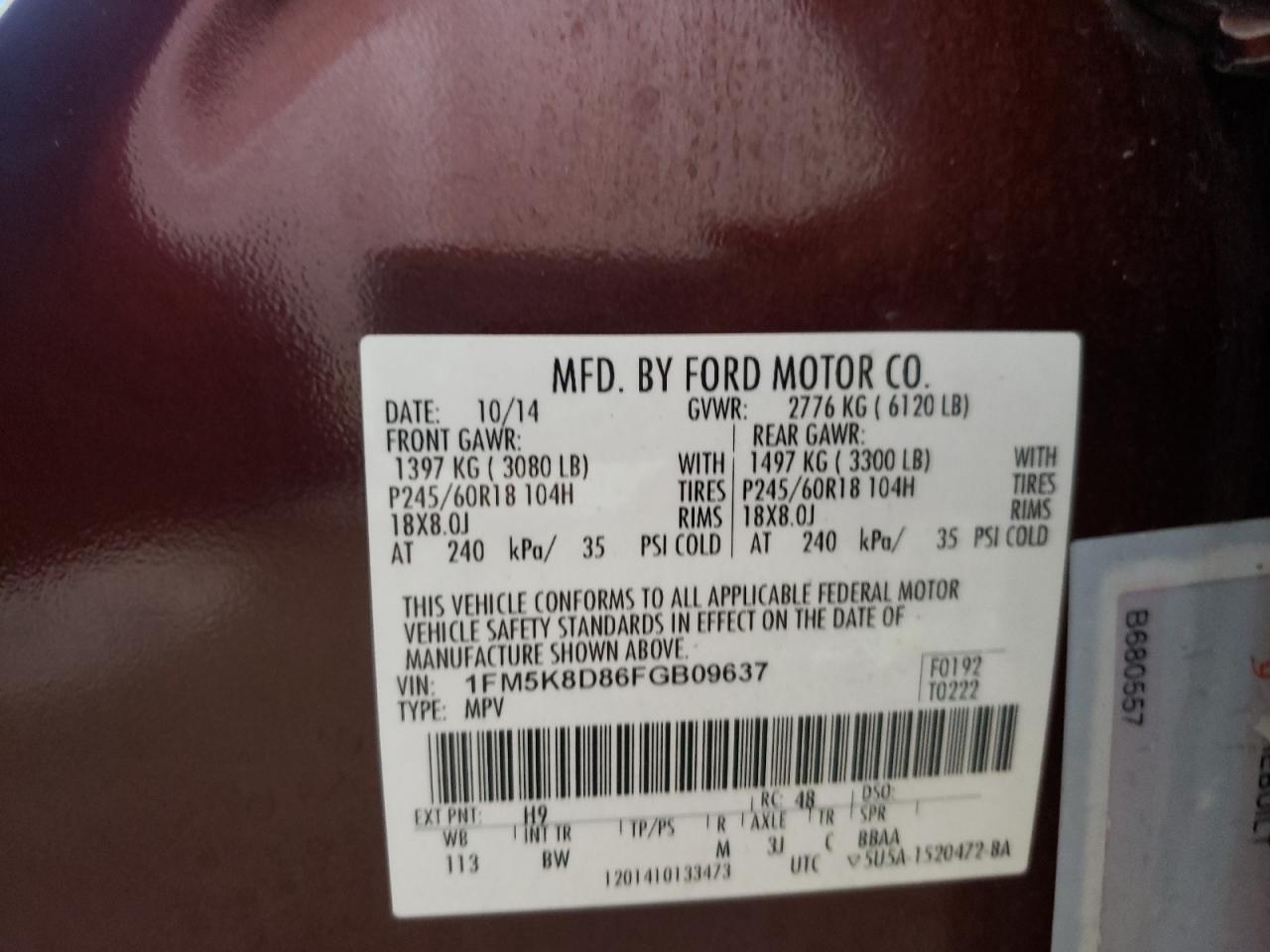 Photo 10 from auction – 2015 FORD EXPLORER X with VIN 1FM5K8D86FGB09637