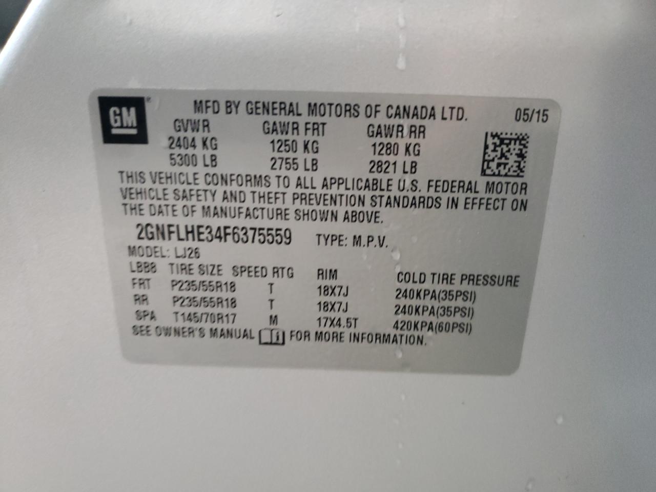 Photo 11 from auction – 2015 CHEVROLET EQUINOX LT with VIN 2GNFLHE34F6375559