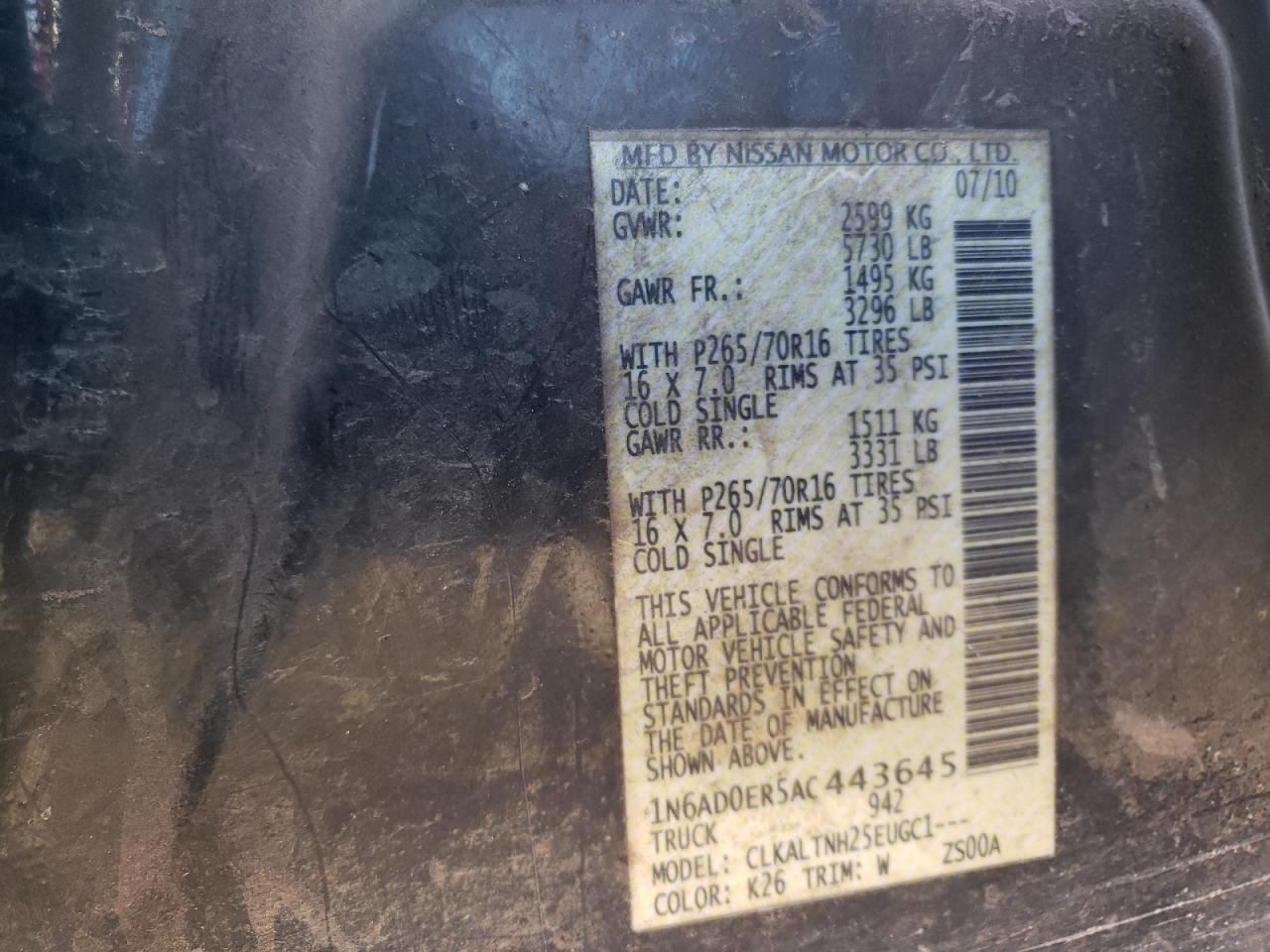 Photo 10 from auction – 2010 NISSAN FRONTIER C with VIN 1N6AD0ER5AC443645