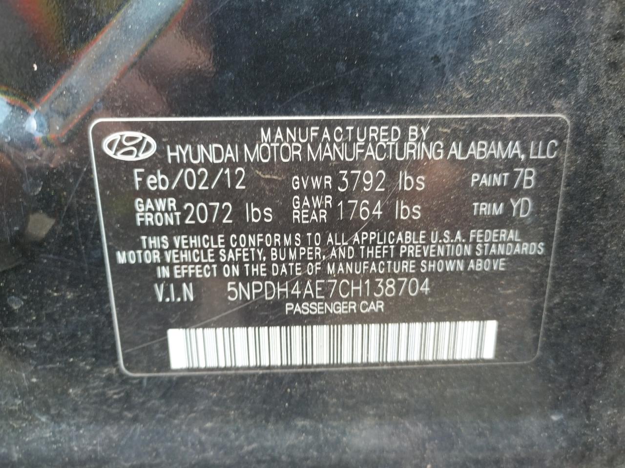 Photo 10 from auction – 2012 HYUNDAI ELANTRA GL with VIN 5NPDH4AE7CH138704