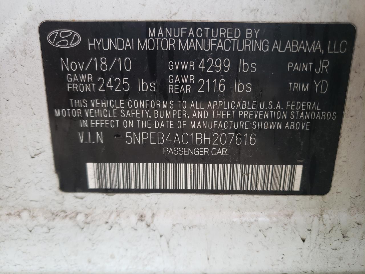 Photo 10 from auction – 2011 HYUNDAI SONATA GLS with VIN 5NPEB4AC1BH207616