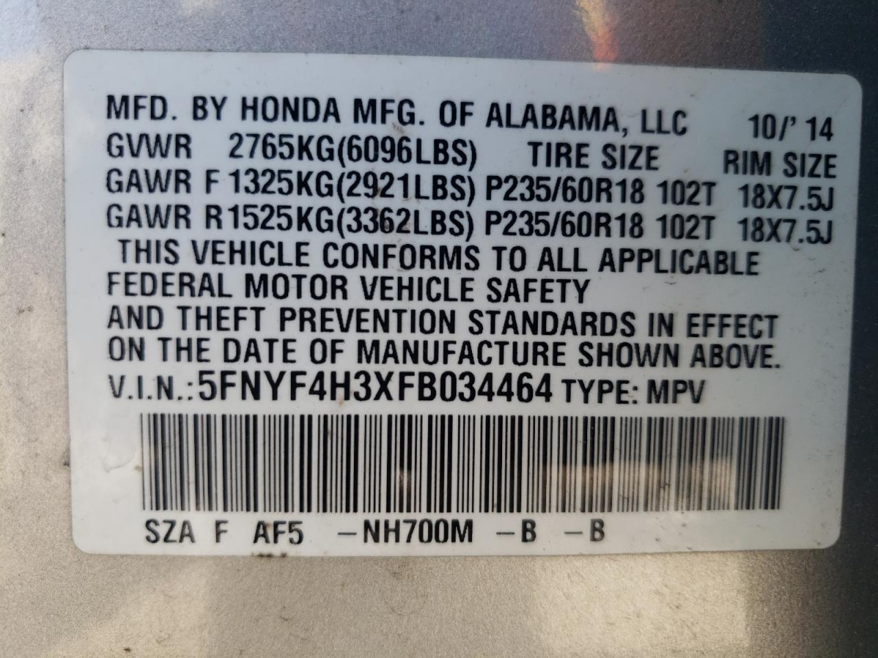 Photo 10 from auction – 2015 HONDA PILOT SE with VIN 5FNYF4H3XFB034464