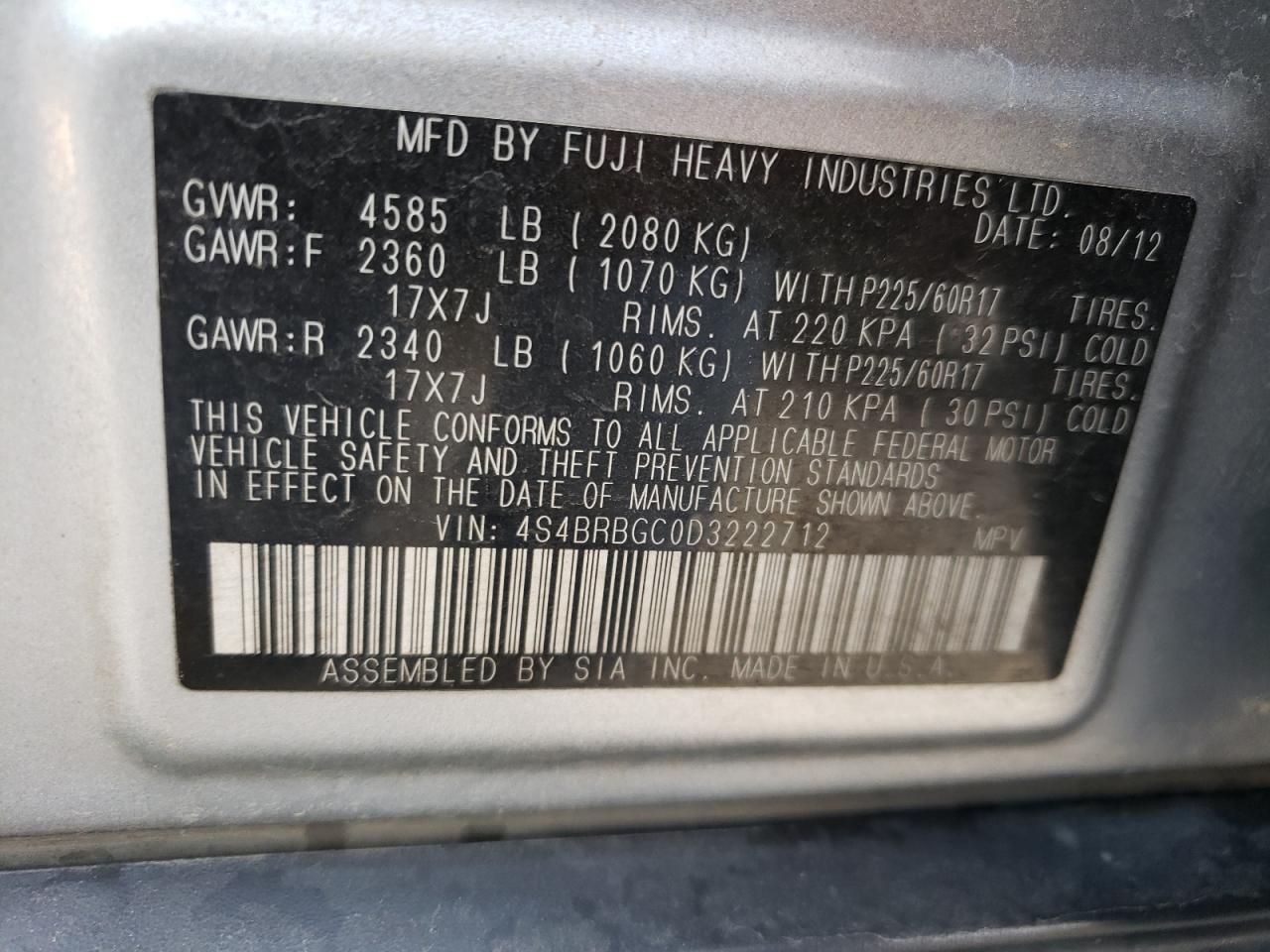 Photo 10 from auction – 2013 SUBARU OUTBACK 2. with VIN 4S4BRBGC0D3222712