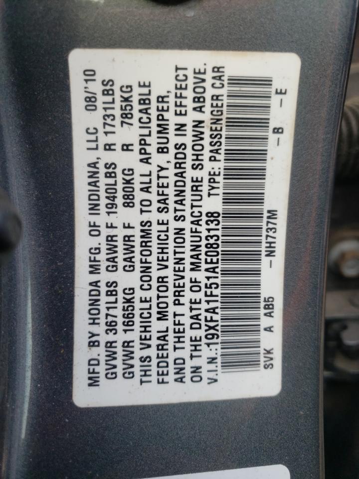 Photo 10 from auction – 2010 HONDA CIVIC LX with VIN 19XFA1F51AE083138