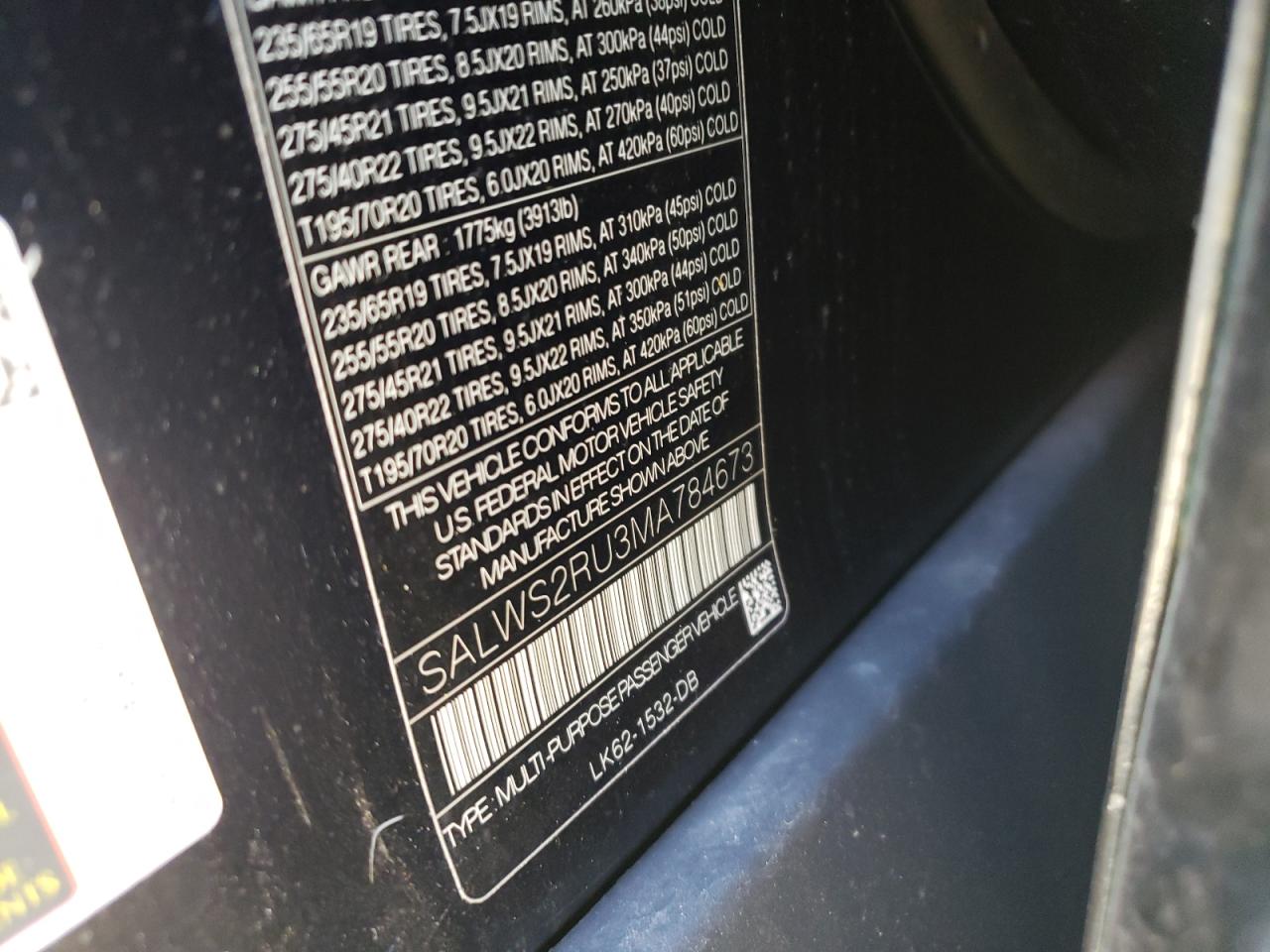 Photo 10 from auction – 2021 LAND ROVER RANGE ROVE with VIN SALWS2RU3MA784673