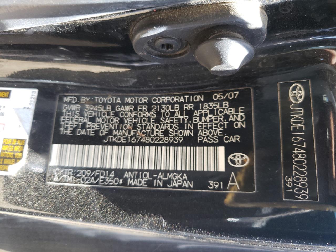 Photo 10 from auction – 2008 TOYOTA SCION TC with VIN JTKDE167480228939