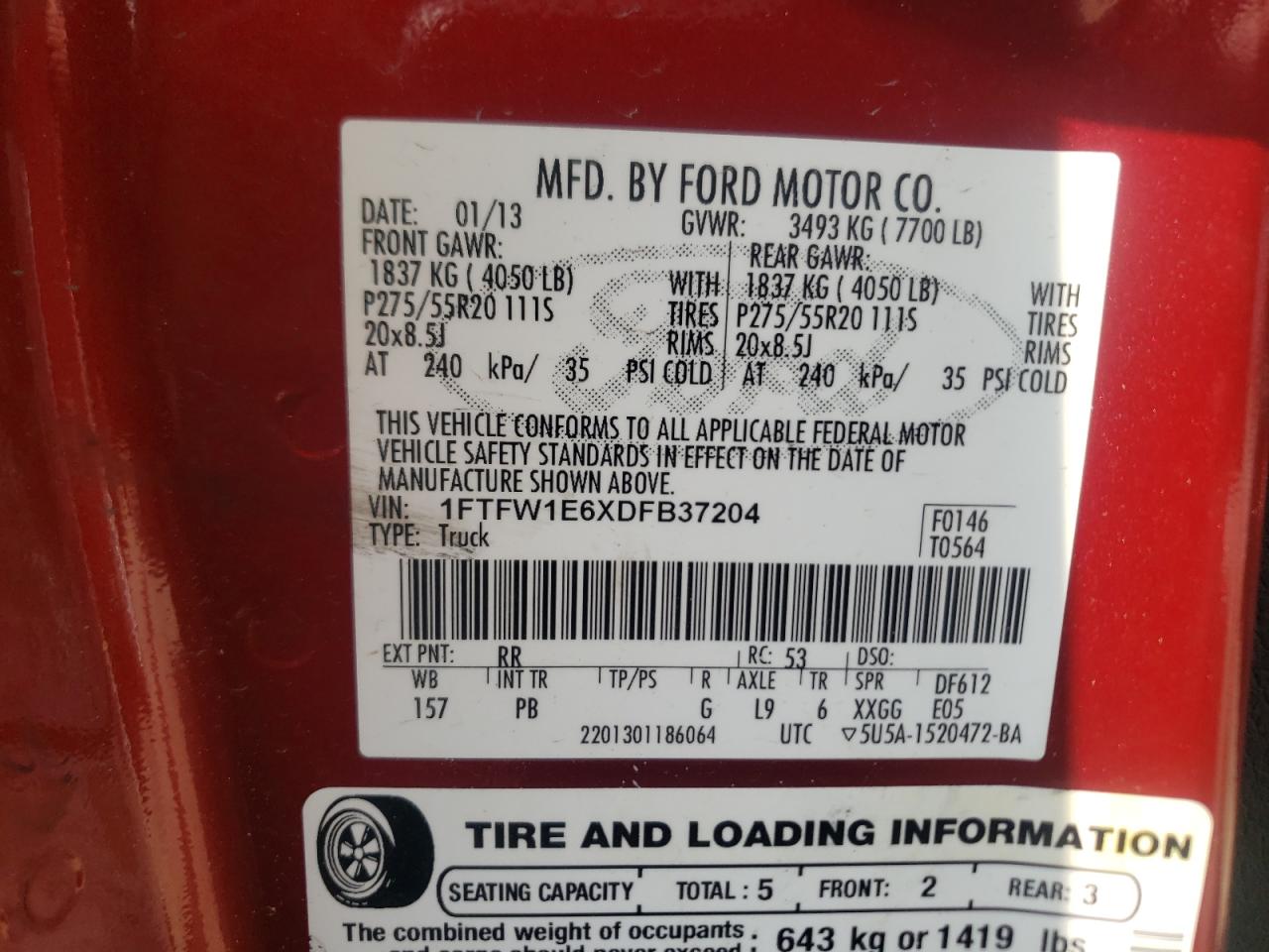 Photo 10 from auction – 2013 FORD F150 SUPER with VIN 1FTFW1E6XDFB37204