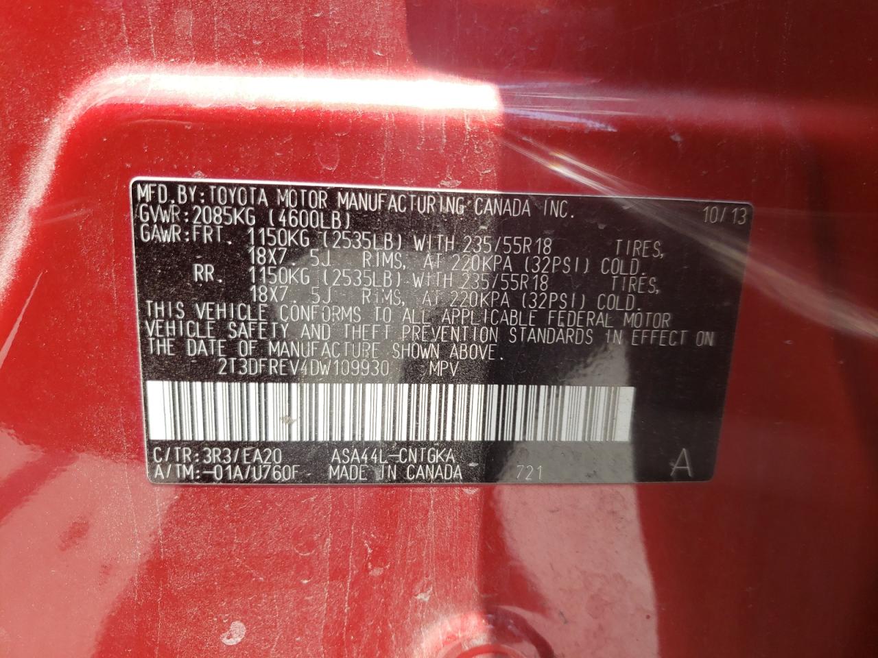 Photo 10 from auction – 2013 TOYOTA RAV4 LIMIT with VIN 2T3DFREV4DW109930