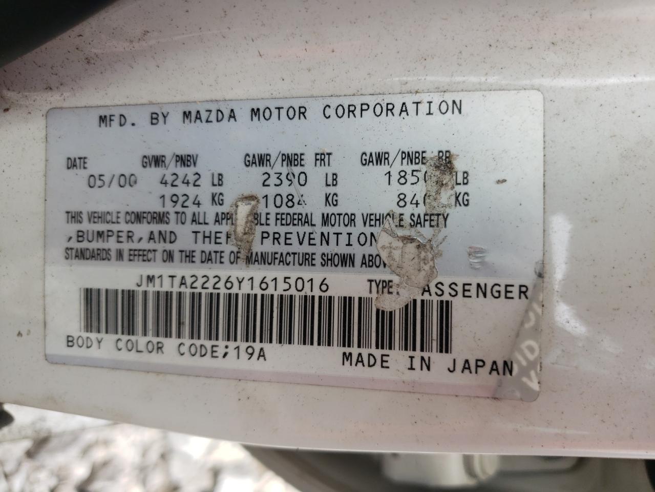 Photo 10 from auction – 2000 MAZDA MILLENIA S with VIN JM1TA2226Y1615016