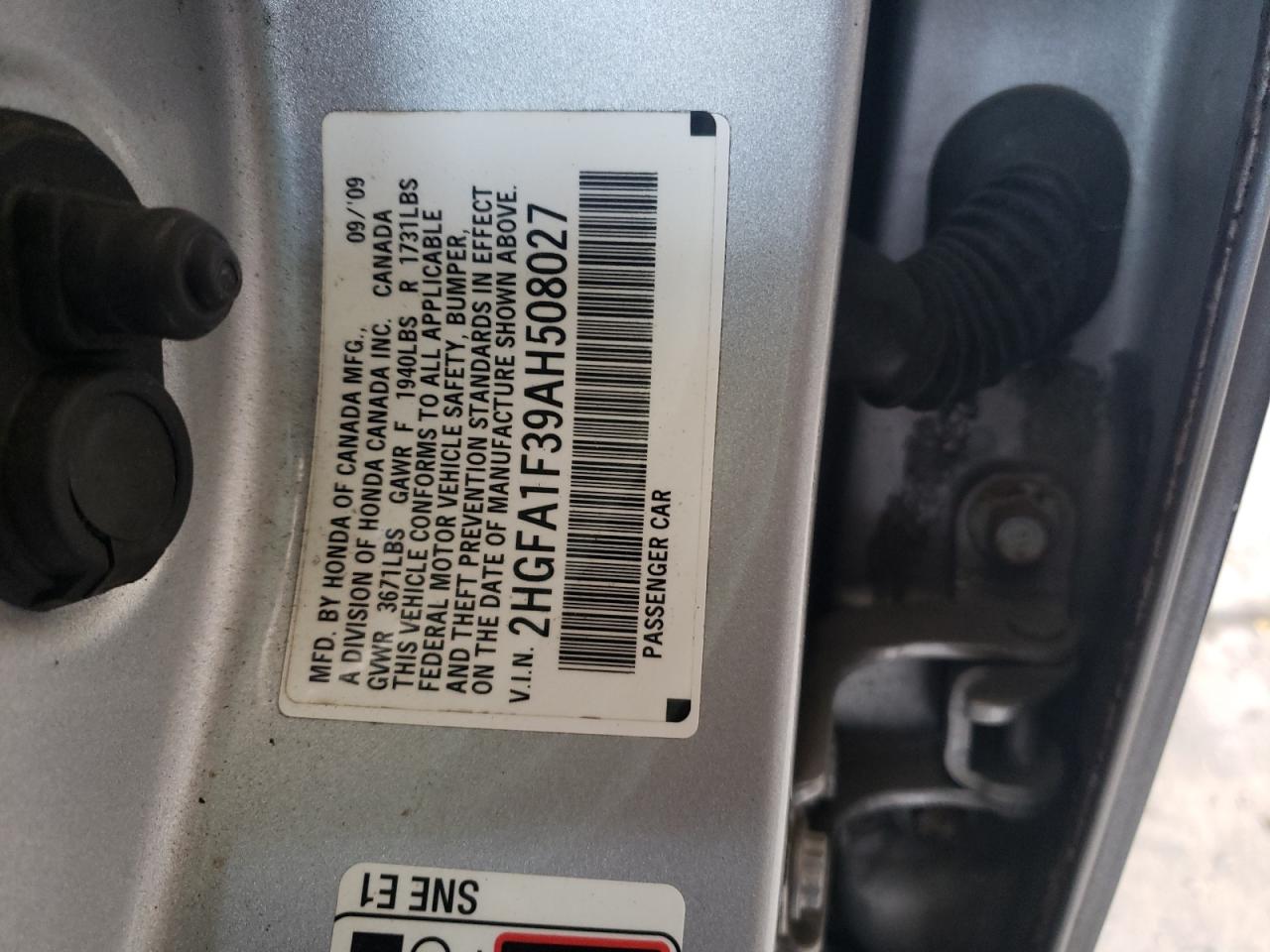 Photo 20 from auction – 2010 HONDA CIVIC VP with VIN 2HGFA1F39AH508027
