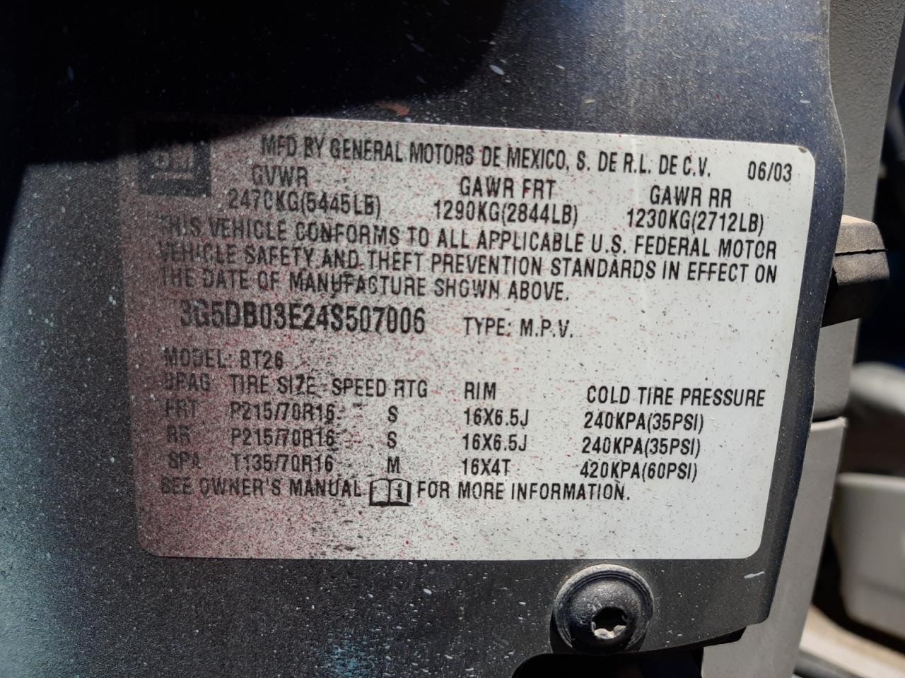 Photo 10 from auction – 2004 BUICK RENDEZVOUS with VIN 3G5DB03E24S507006