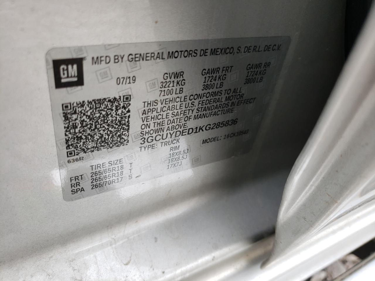 Photo 10 from auction – 2019 CHEVROLET SILVERADO with VIN 3GCUYDED1KG285836