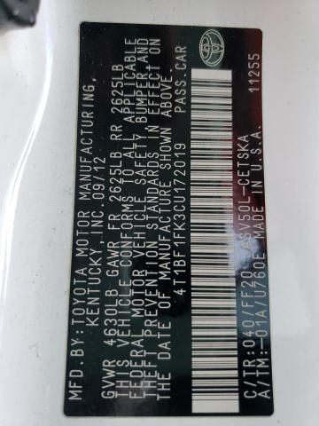 Photo 10 from auction – 2012 TOYOTA CAMRY BASE with VIN 4T1BF1FK3CU172019