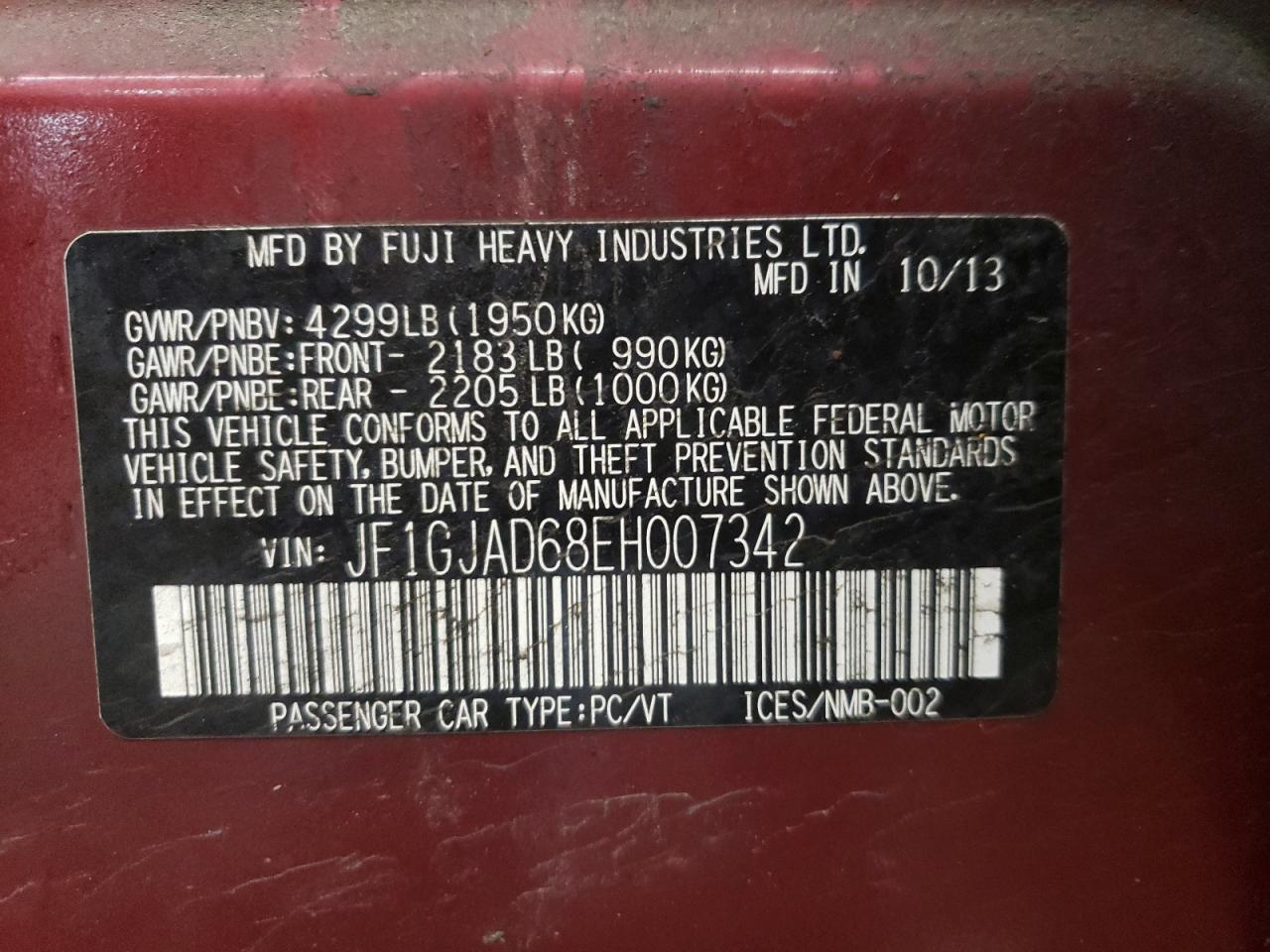 Photo 10 from auction – 2014 SUBARU IMPREZA PR with VIN JF1GJAD68EH007342