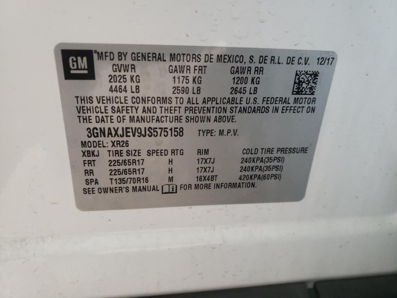 Photo 10 from auction – 2018 CHEVROLET EQUINOX LT with VIN 3GNAXJEV9JS575158