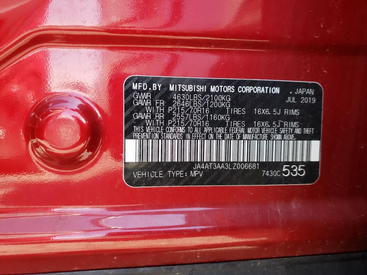 Photo 11 from auction – 2020 MITSUBISHI ECLIPSE CR with VIN JA4AT3AA3LZ006681
