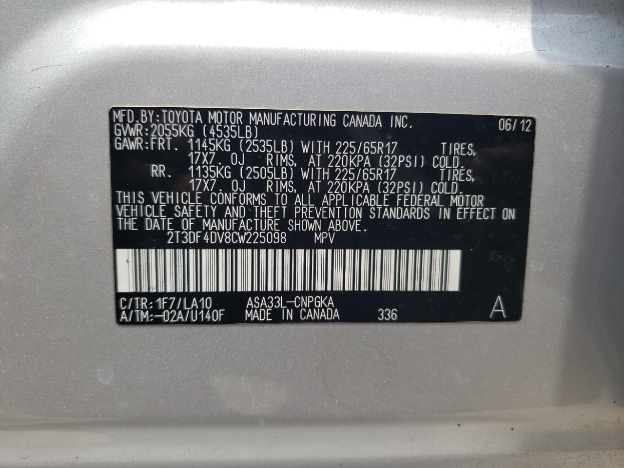 Photo 10 from auction – 2012 TOYOTA RAV4 LIMIT with VIN 2T3DF4DV8CW225098