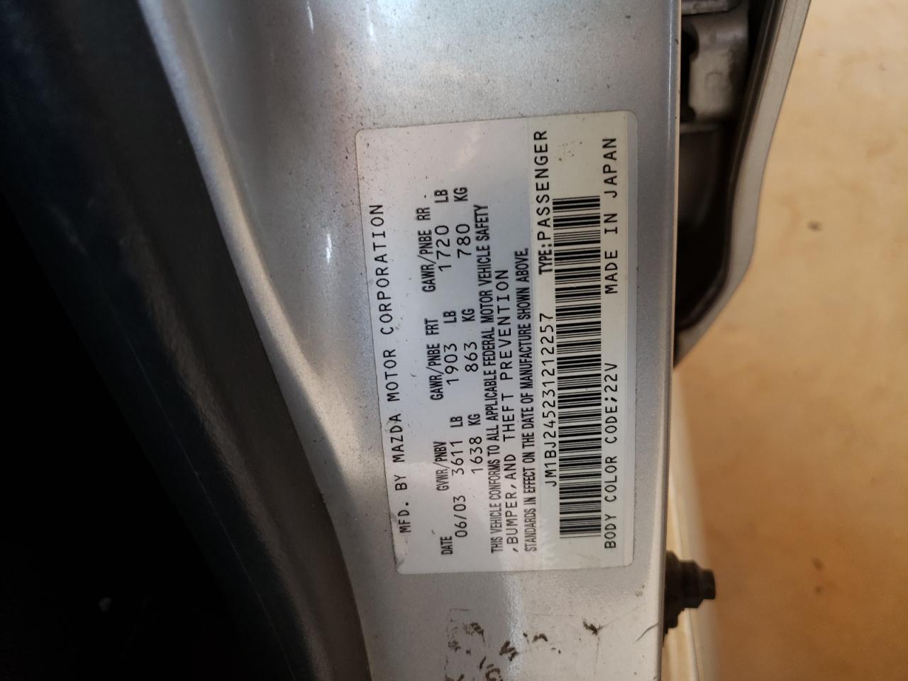 Photo 10 from auction – 2003 MAZDA PROTEGE PR with VIN JM1BJ245231212257