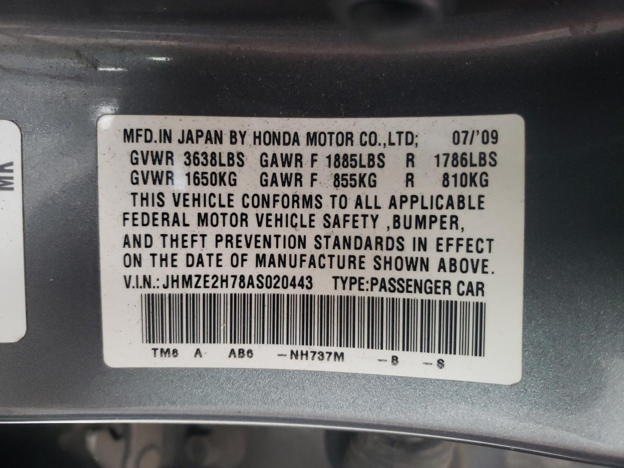 Photo 10 from auction – 2010 HONDA INSIGHT EX with VIN JHMZE2H78AS020443