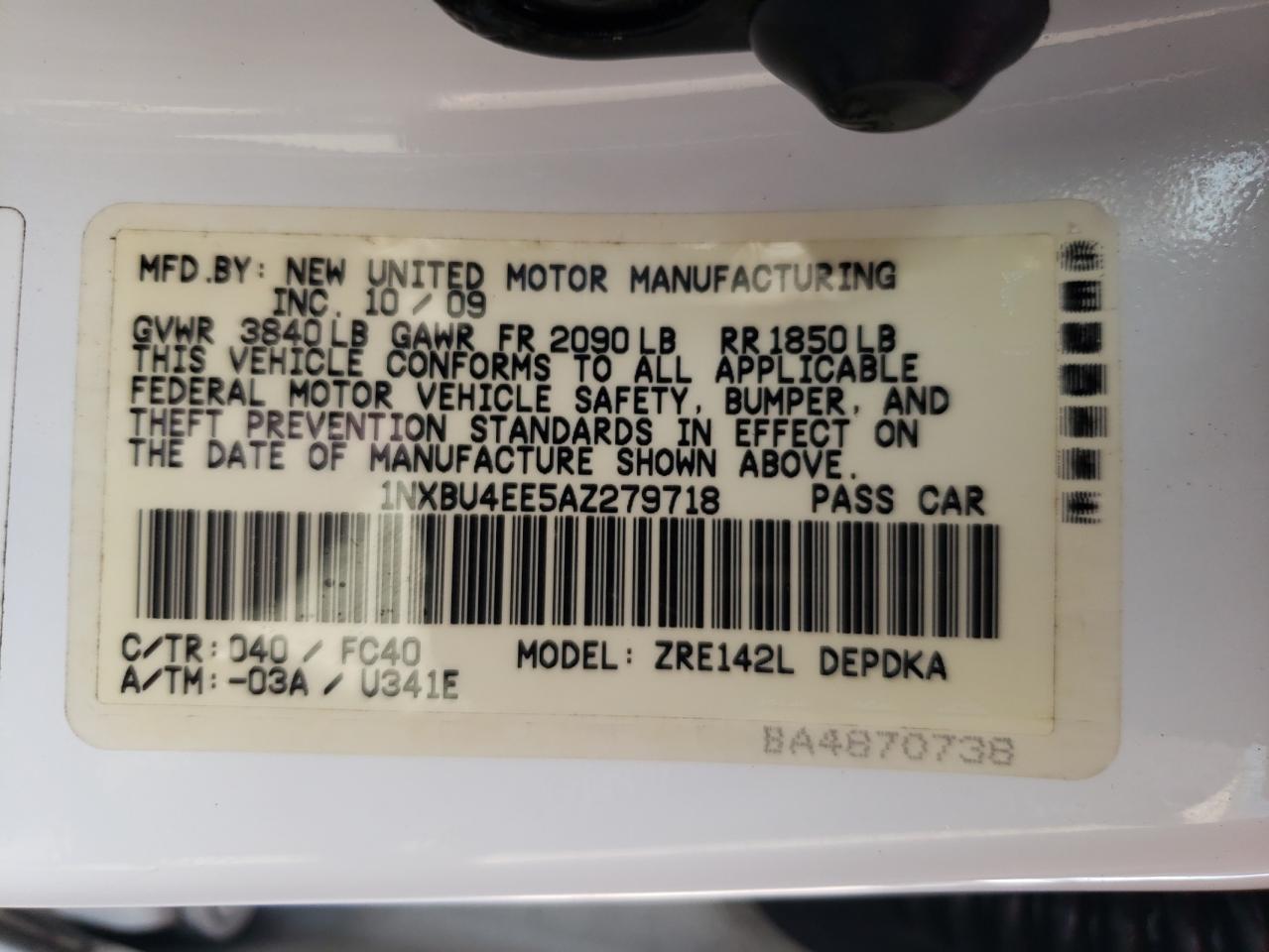 Photo 10 from auction – 2010 TOYOTA COROLLA BA with VIN 1NXBU4EE5AZ279718