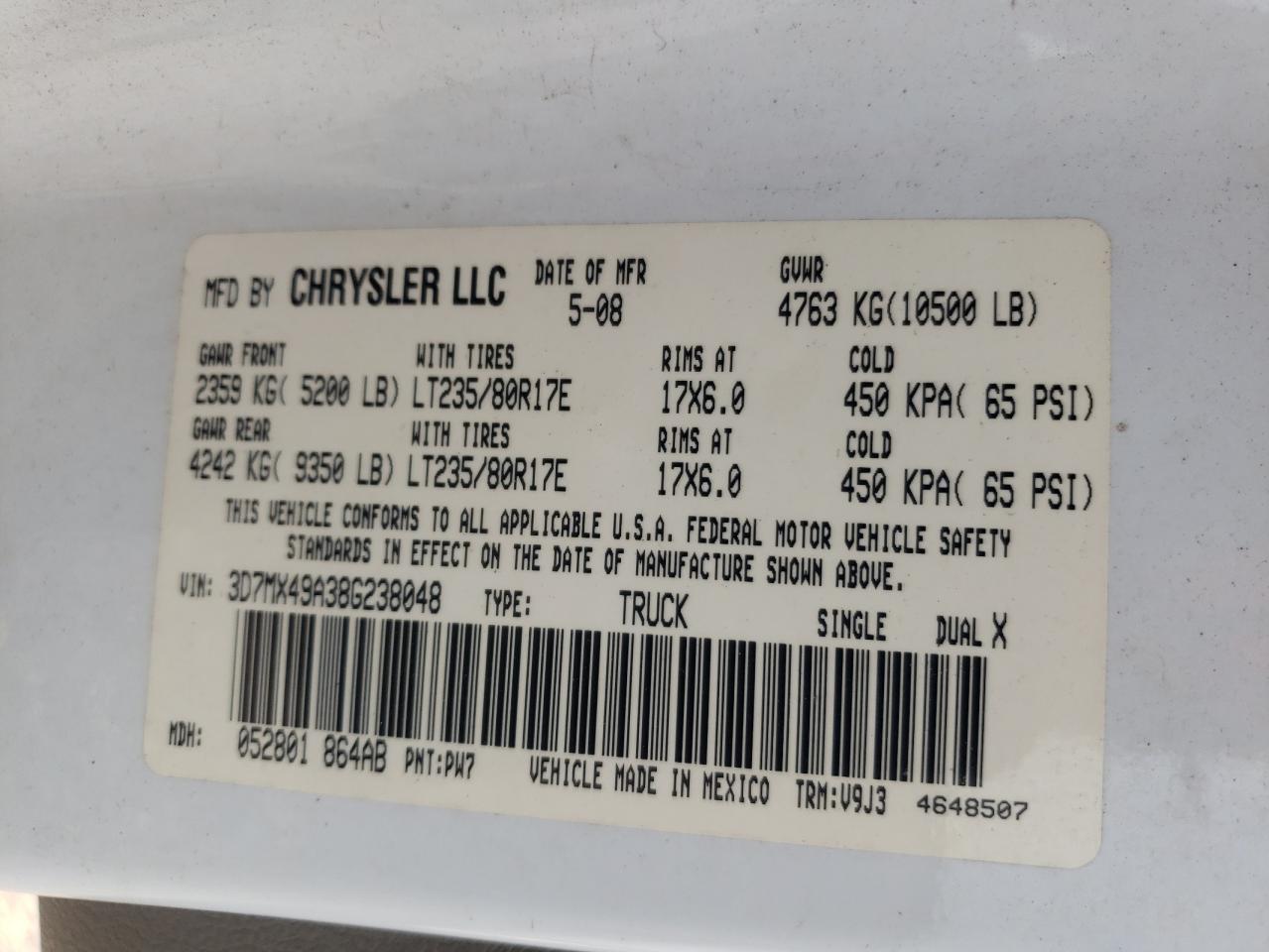 Photo 10 from auction – 2008 DODGE RAM 3500 with VIN 3D7MX49A38G238048