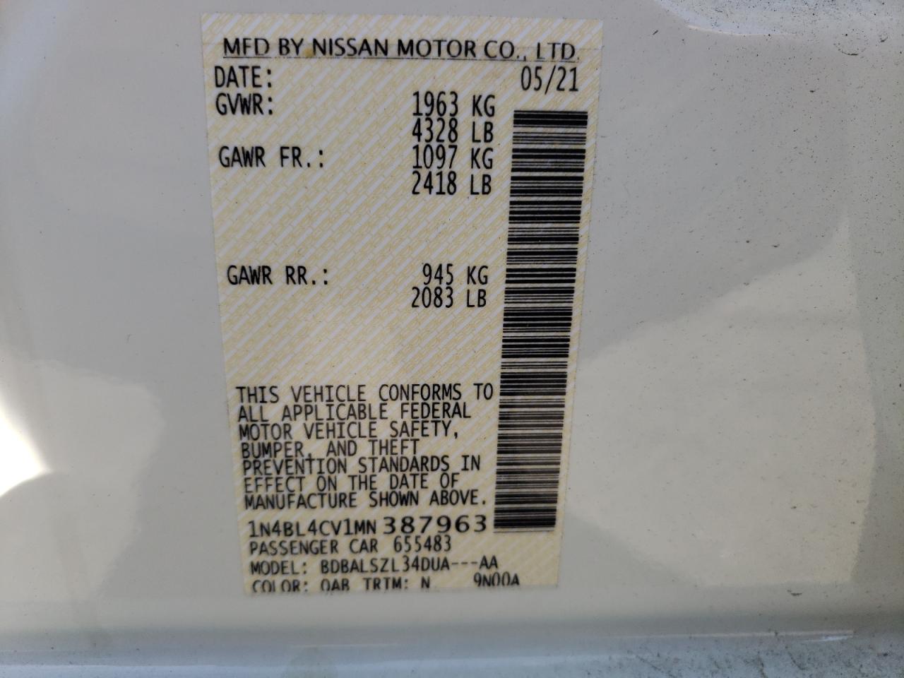 Photo 10 from auction – 2021 NISSAN ALTIMA SR with VIN 1N4BL4CV1MN387963