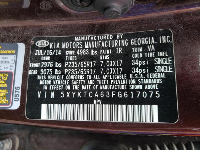 Photo 10 from auction – 2015 KIA SORENTO LX with VIN 5XYKTCA63FG617075