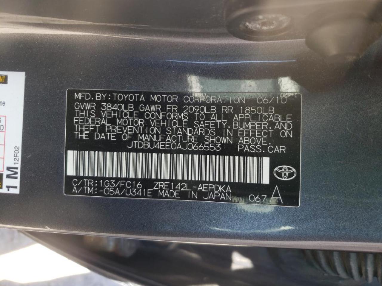Photo 10 from auction – 2010 TOYOTA COROLLA BA with VIN JTDBU4EE0AJ066553