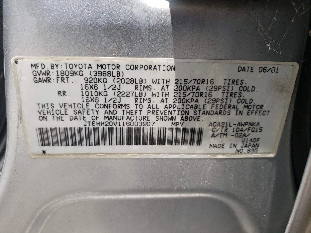 Photo 10 from auction – 2001 TOYOTA RAV4 with VIN JTEHH20V116003907