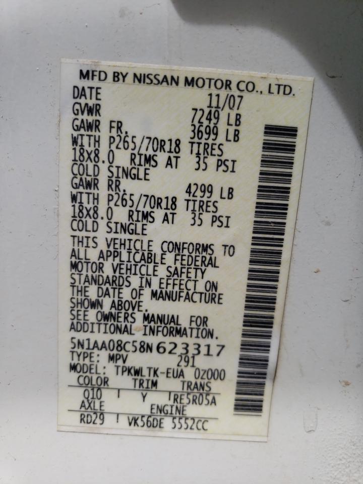 Photo 10 from auction – 2008 NISSAN ARMADA SE with VIN 5N1AA08C58N623317