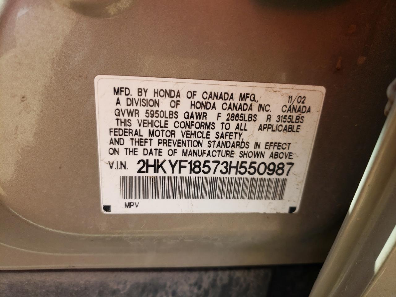Photo 10 from auction – 2003 HONDA PILOT EXL with VIN 2HKYF18573H550987
