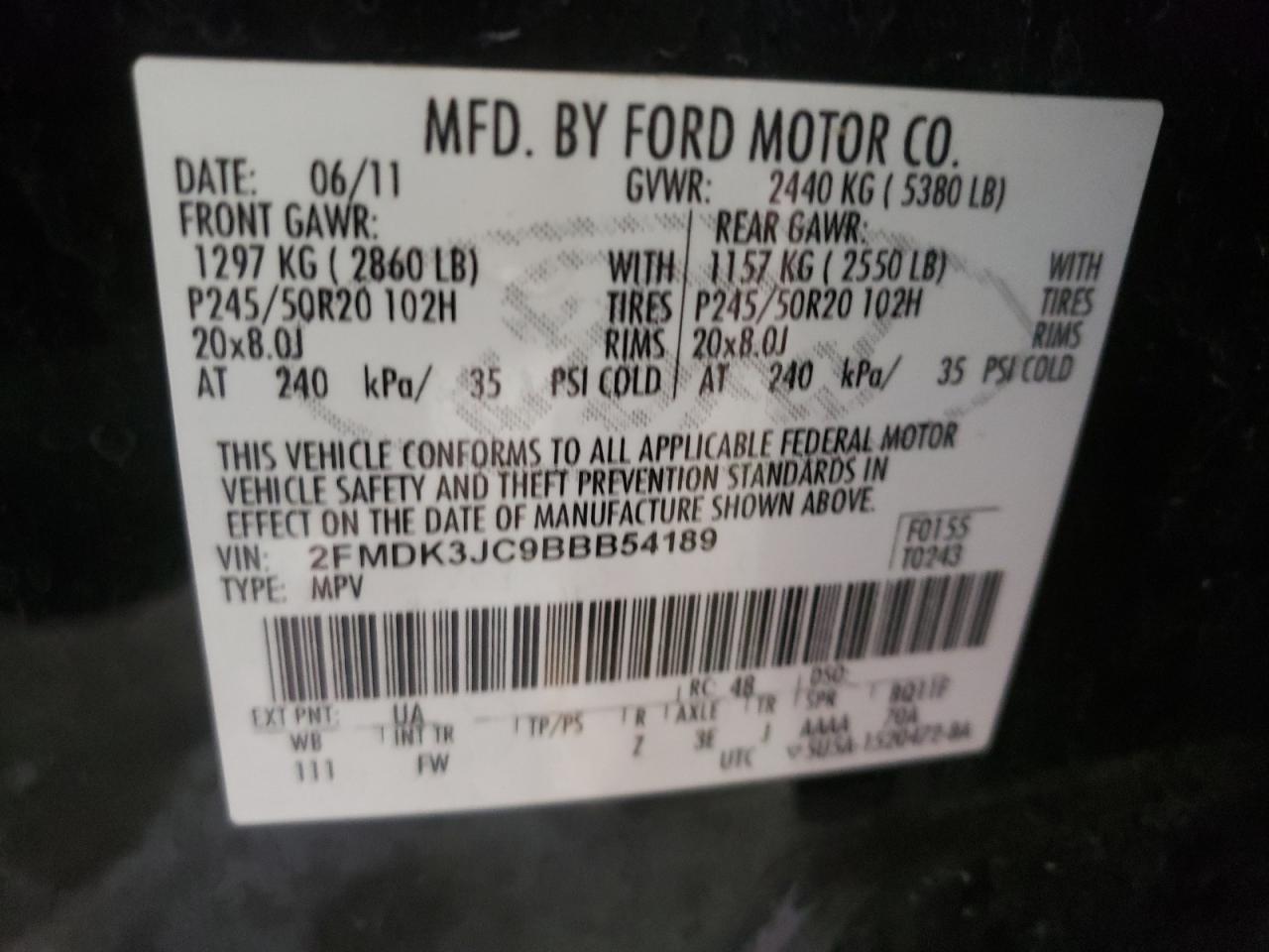 Photo 10 from auction – 2011 FORD EDGE SEL with VIN 2FMDK3JC9BBB54189