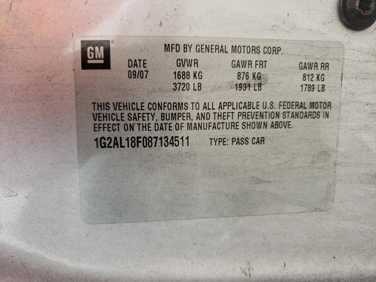 Photo 10 from auction – 2008 PONTIAC G5 with VIN 1G2AL18F087134511