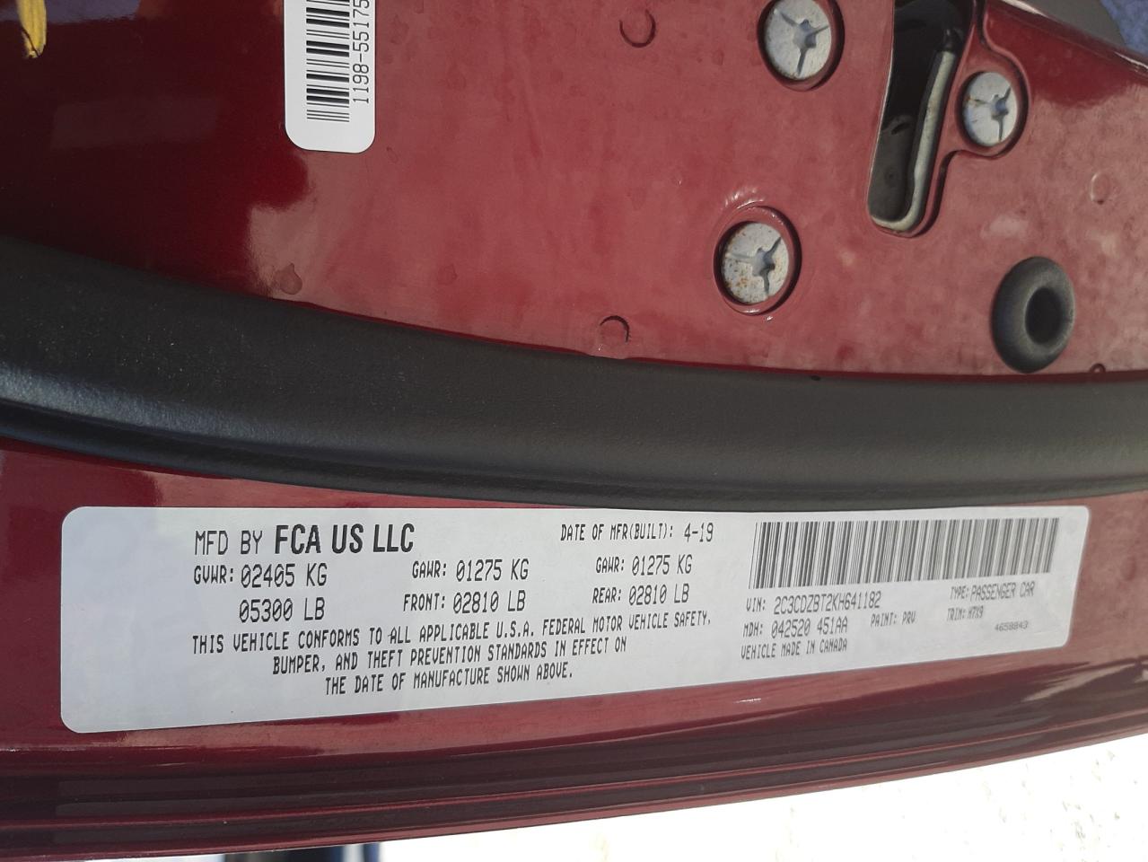 Photo 11 from auction – 2019 DODGE CHALLENGER with VIN 2C3CDZBT2KH641182