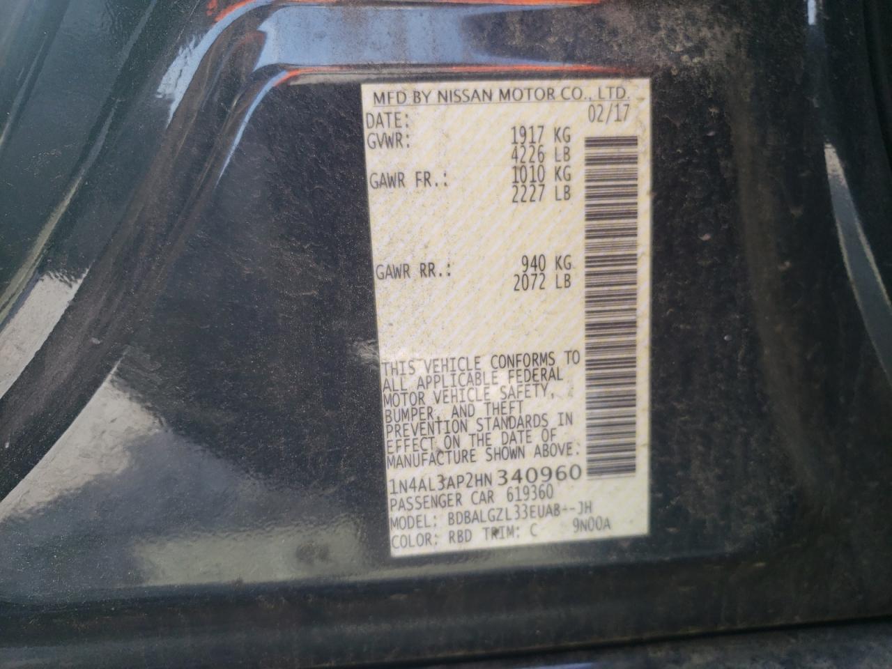 Photo 10 from auction – 2017 NISSAN ALTIMA 2.5 with VIN 1N4AL3AP2HN340960