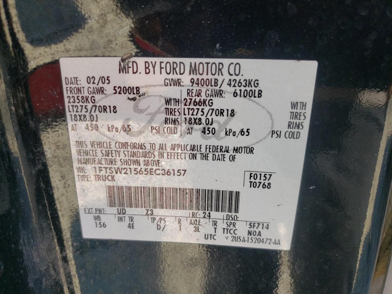 Photo 10 from auction – 2005 FORD F250 SUPER with VIN 1FTSW21565EC36157