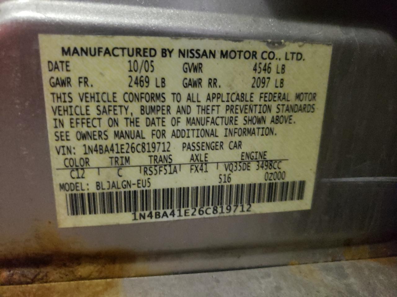Photo 11 from auction – 2006 NISSAN MAXIMA SE with VIN 1N4BA41E26C819712