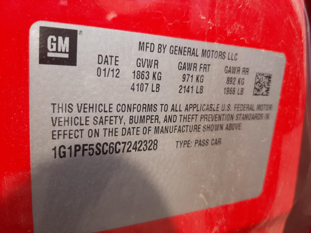 Photo 10 from auction – 2012 CHEVROLET CRUZE LT with VIN 1G1PF5SC6C7242328