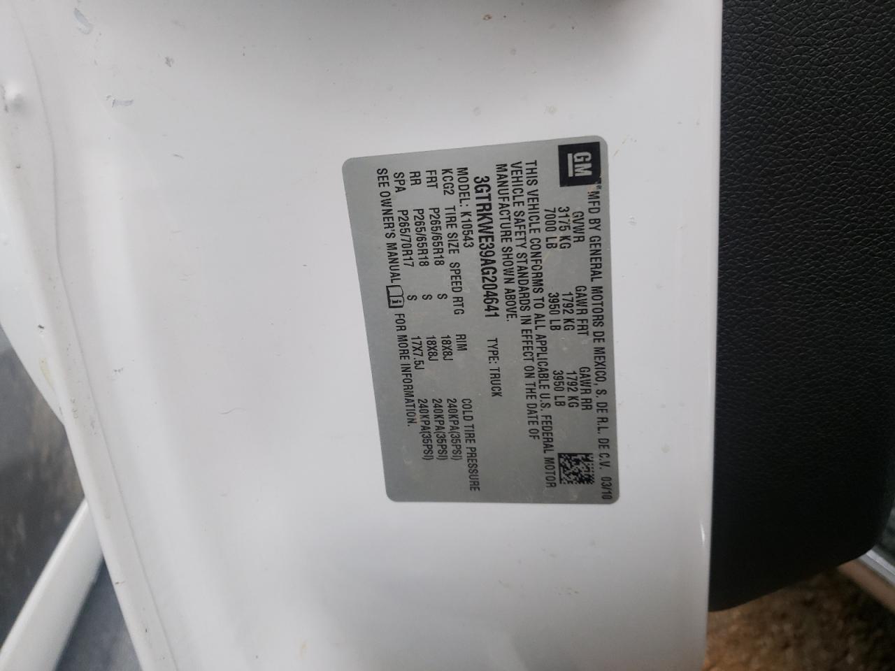 Photo 20 from auction – 2010 GMC SIERRA K15 with VIN 3GTRKWE39AG204641