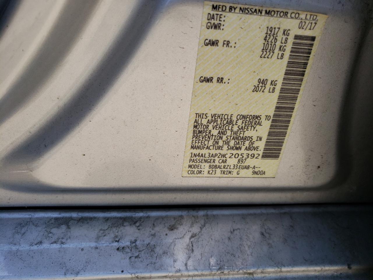 Photo 10 from auction – 2017 NISSAN ALTIMA 2.5 with VIN 1N4AL3AP2HC205392
