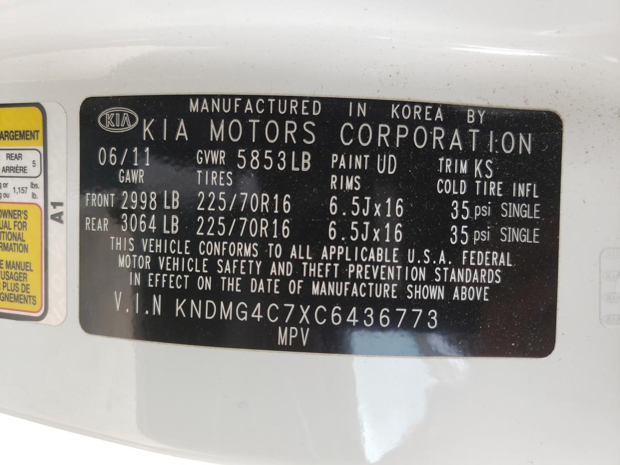 Photo 10 from auction – 2012 KIA SEDONA LX with VIN KNDMG4C7XC6436773