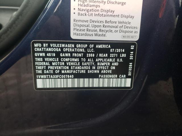 Photo 10 from auction – 2015 VOLKSWAGEN PASSAT SE with VIN 1VWBT7A33FC007840
